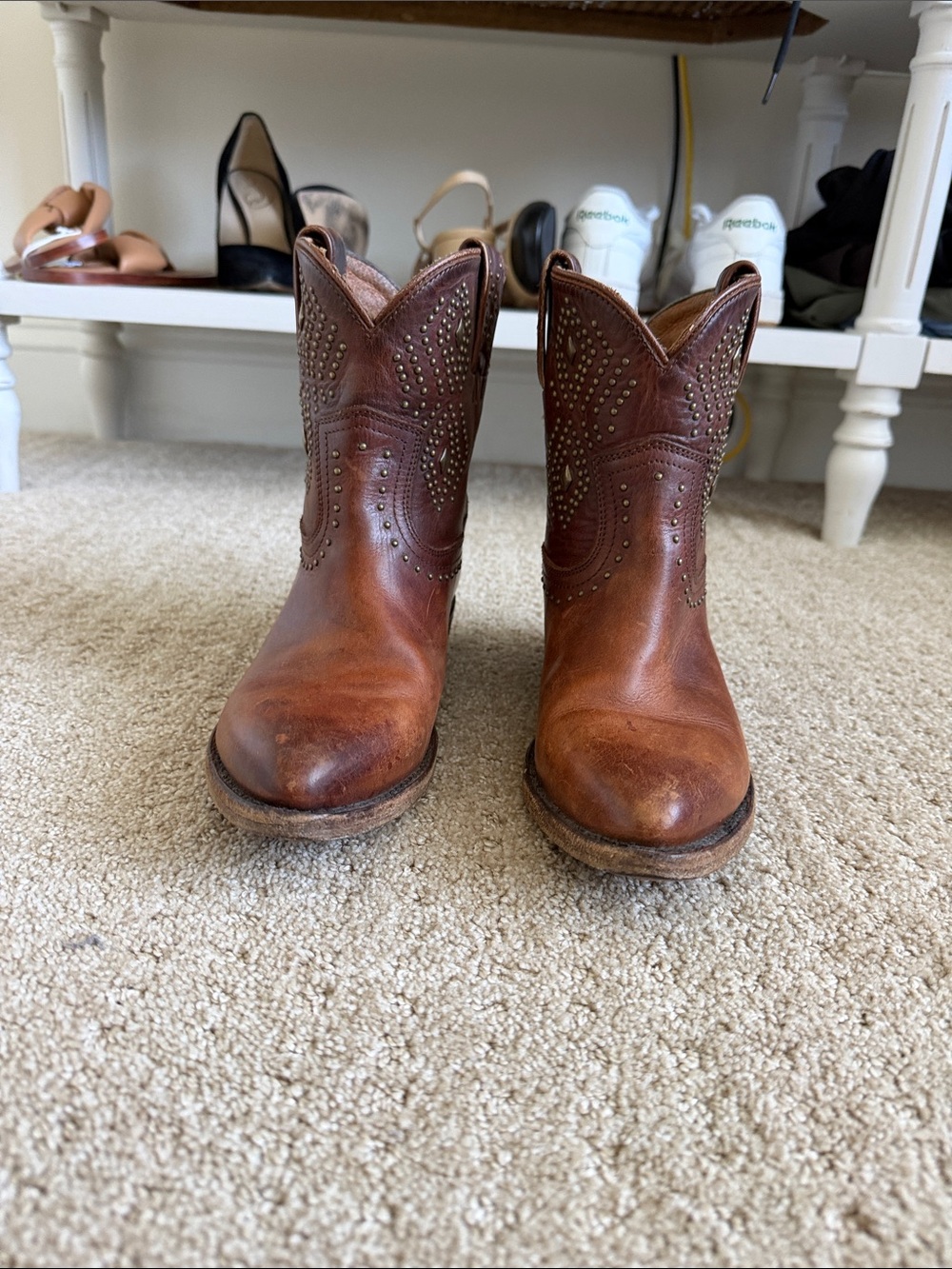 Frye Brown Studded Western Ankle Boots